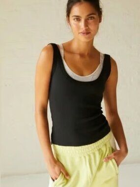 FREE PEOPLE FP MOVEMENT STEP ONE BLACK RIBBED SCOOP FRONT BACK TANK TOP NEW M